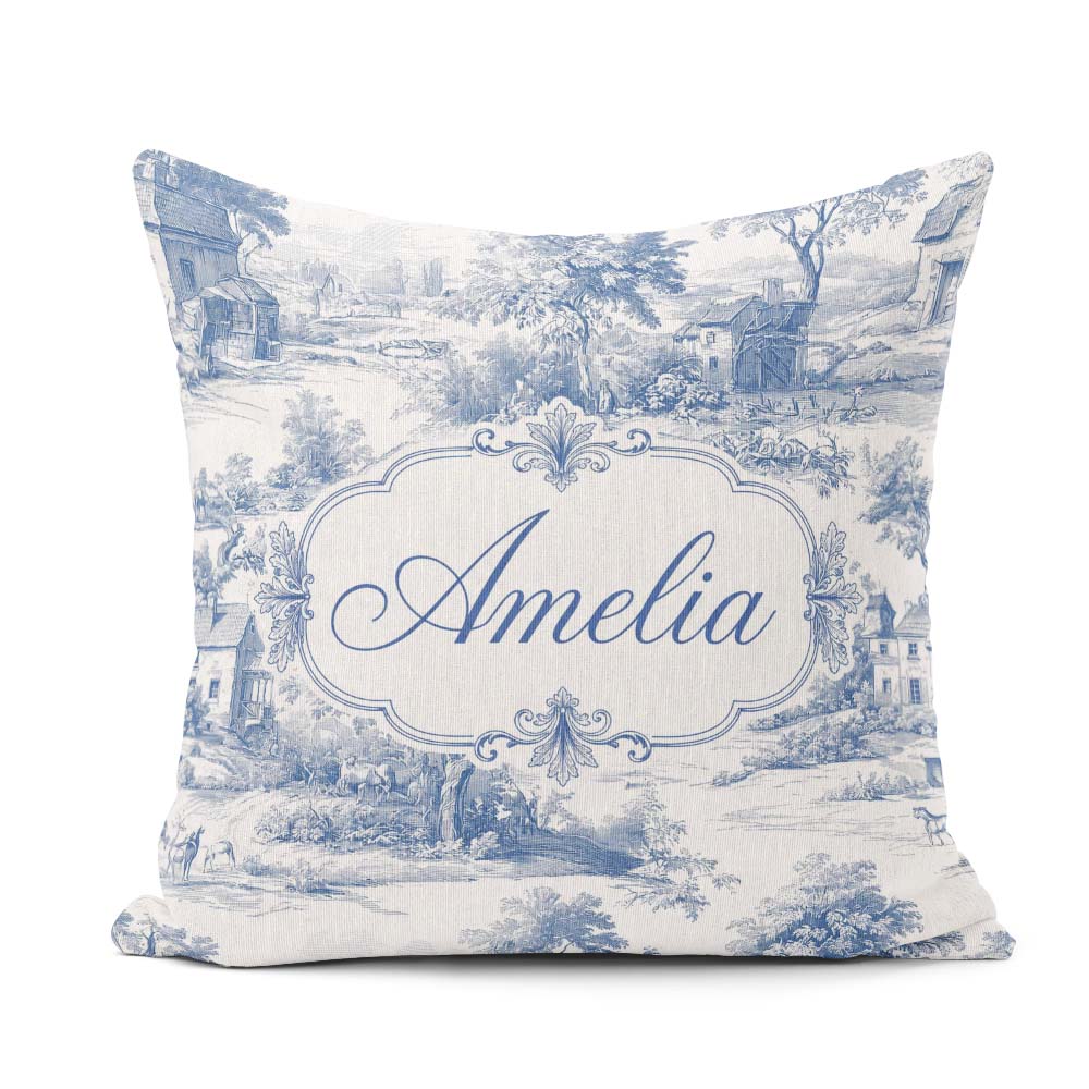 Custom Name Toile Rural Landscape Farm Scene Blue White Seamless Square Filled Cushion Throw Pillow Sofa Bed Home Decor Zip Washable UK Made