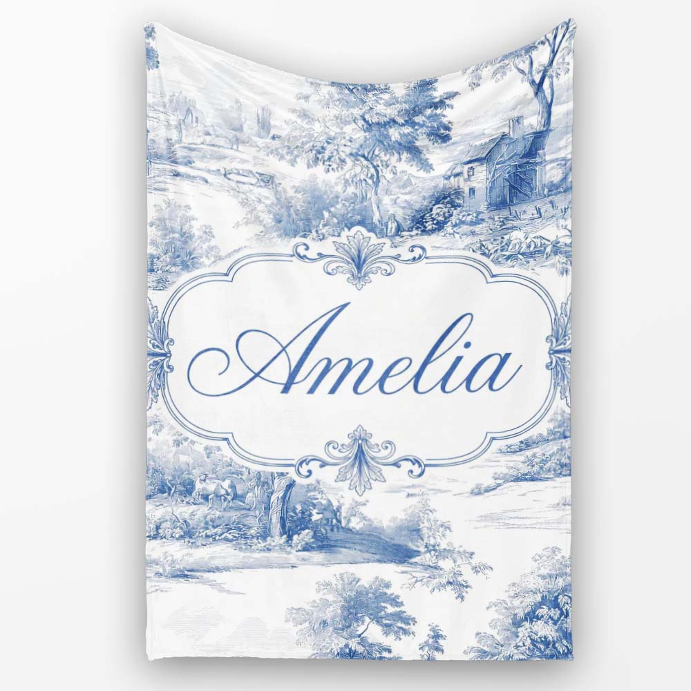 Vintage Toile Rural Landscape Farm Scene Blue White Seamless Personalised Custom Name Super Soft Fleece Blanket Bed Sofa Throw