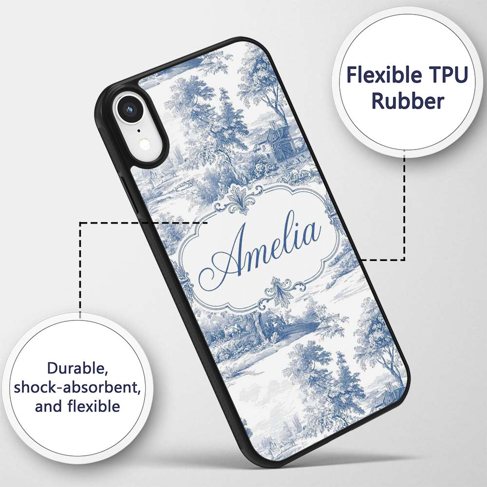 Vintage Toile Rural Landscape Farm Scene Blue Custom Name Protective Phone Case Mobile Cover Durable Everyday Smartphone Shock Resistant