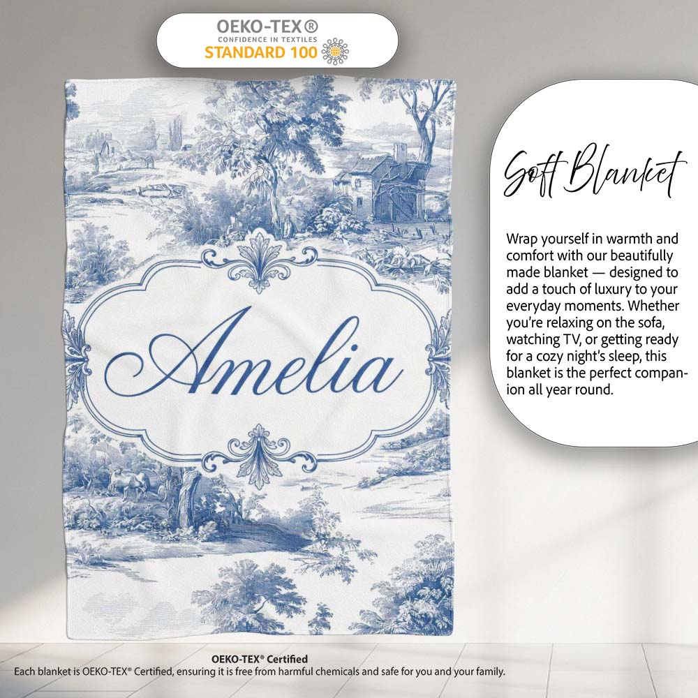 Vintage Toile Rural Landscape Farm Scene Blue White Seamless Personalised Custom Name Super Soft Fleece Blanket Bed Sofa Throw
