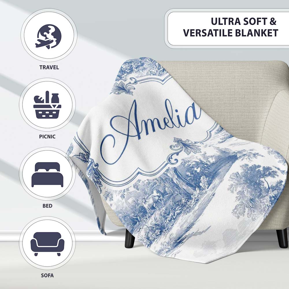 Vintage Toile Rural Landscape Farm Scene Blue White Seamless Personalised Custom Name Super Soft Fleece Blanket Bed Sofa Throw