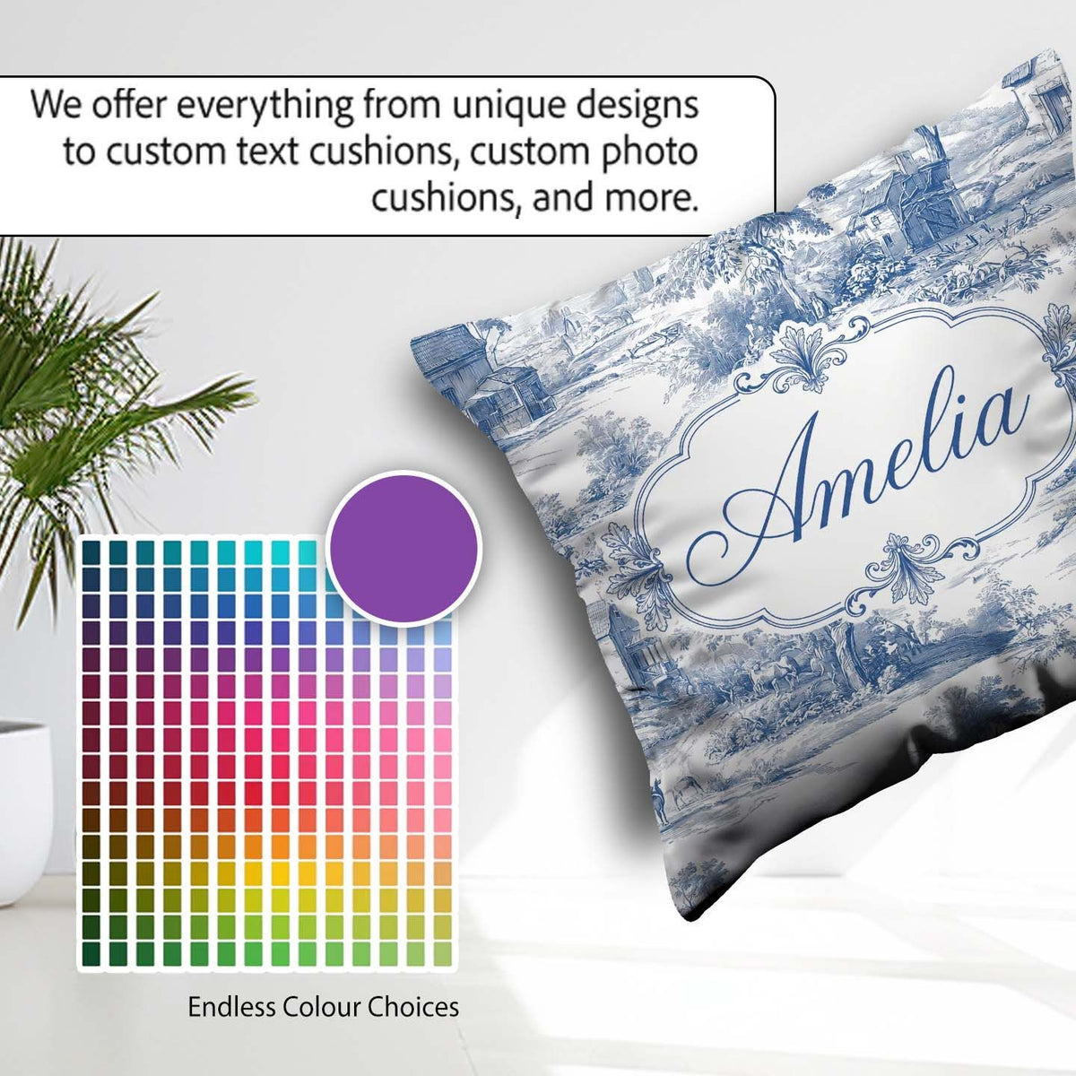 Custom Name Toile Rural Landscape Farm Scene Blue White Seamless Square Filled Cushion Throw Pillow Sofa Bed Home Decor Zip Washable UK Made