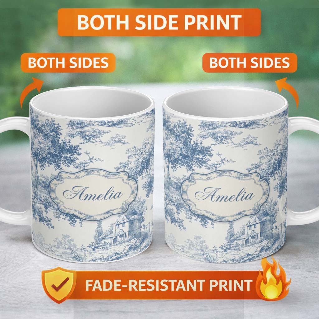 Personalized Custom Name Vintage Toile Scenic Countryside Trees Village Blue White Seamless 11oz Ceramic Coffee Tea Mug White Large Handle