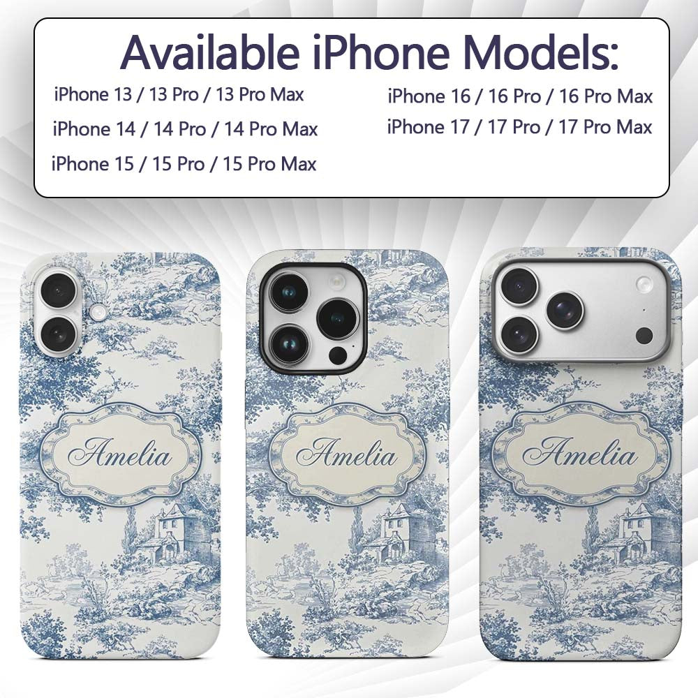 Vintage Toile Scenic Countryside Trees Village Custom Name Protective Phone Case Mobile Cover Durable Everyday Smartphone Shock Resistant