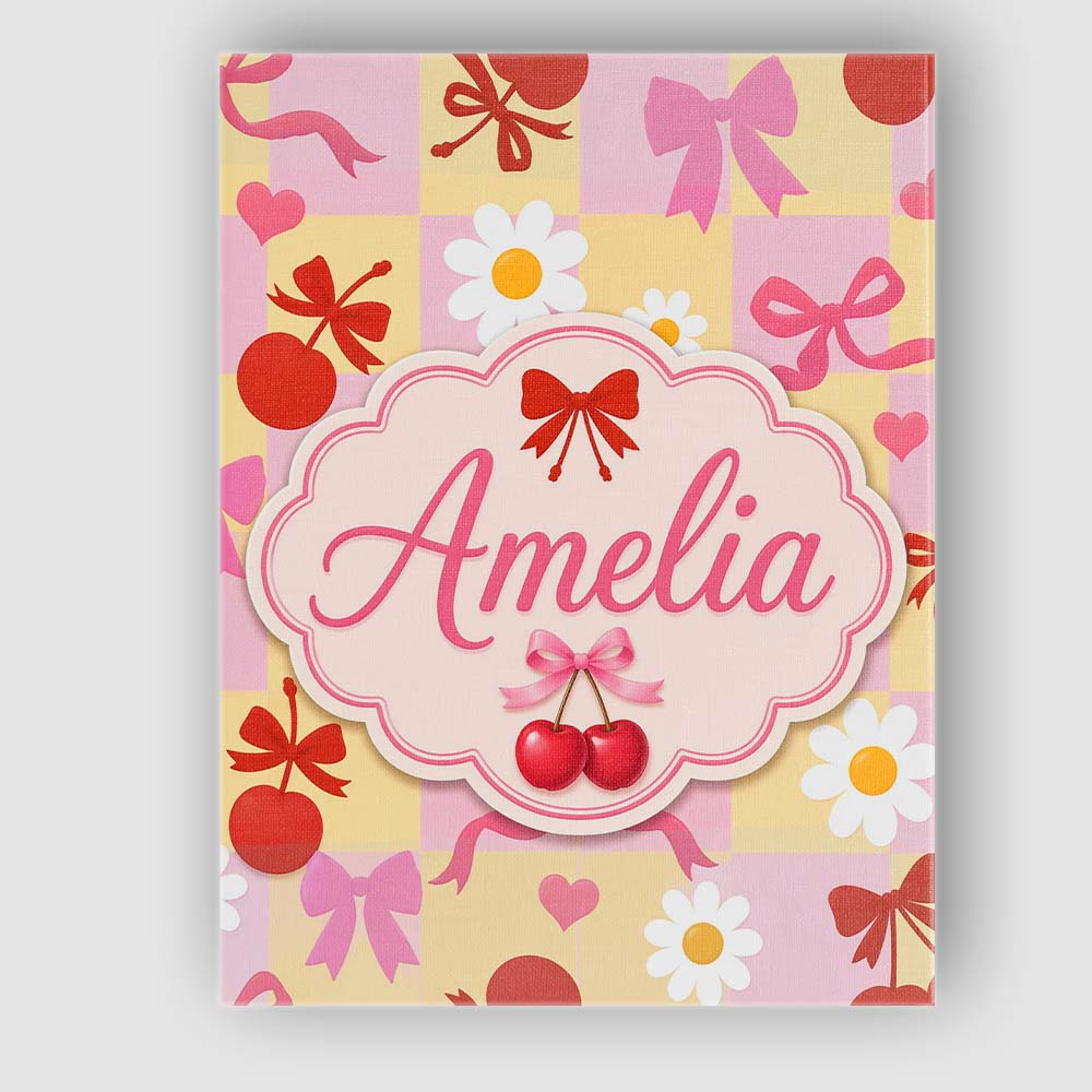 Personalised Name Cute Cherry Bow Daisy Heart on Pink and Yellow Custom Interior Canvas Wall Art Print Decor Picture Ready to Hang