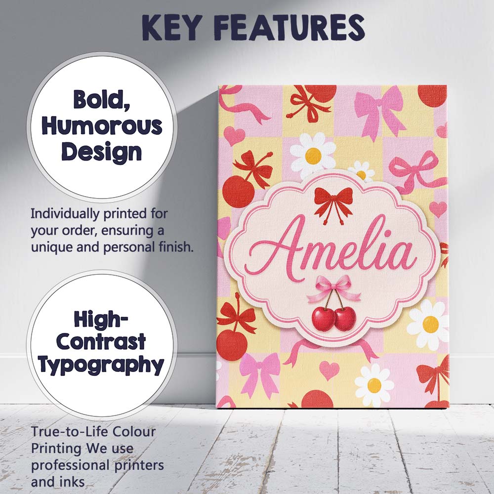 Personalised Name Cute Cherry Bow Daisy Heart on Pink and Yellow Custom Interior Canvas Wall Art Print Decor Picture Ready to Hang