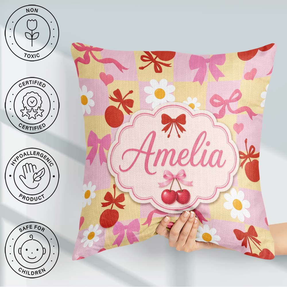 Custom Name Cherry Bow Daisy Heart on Pink and Yellow Background Square Filled Cushion Throw Pillow Sofa Bed Home Decor Zip Washable UK Made