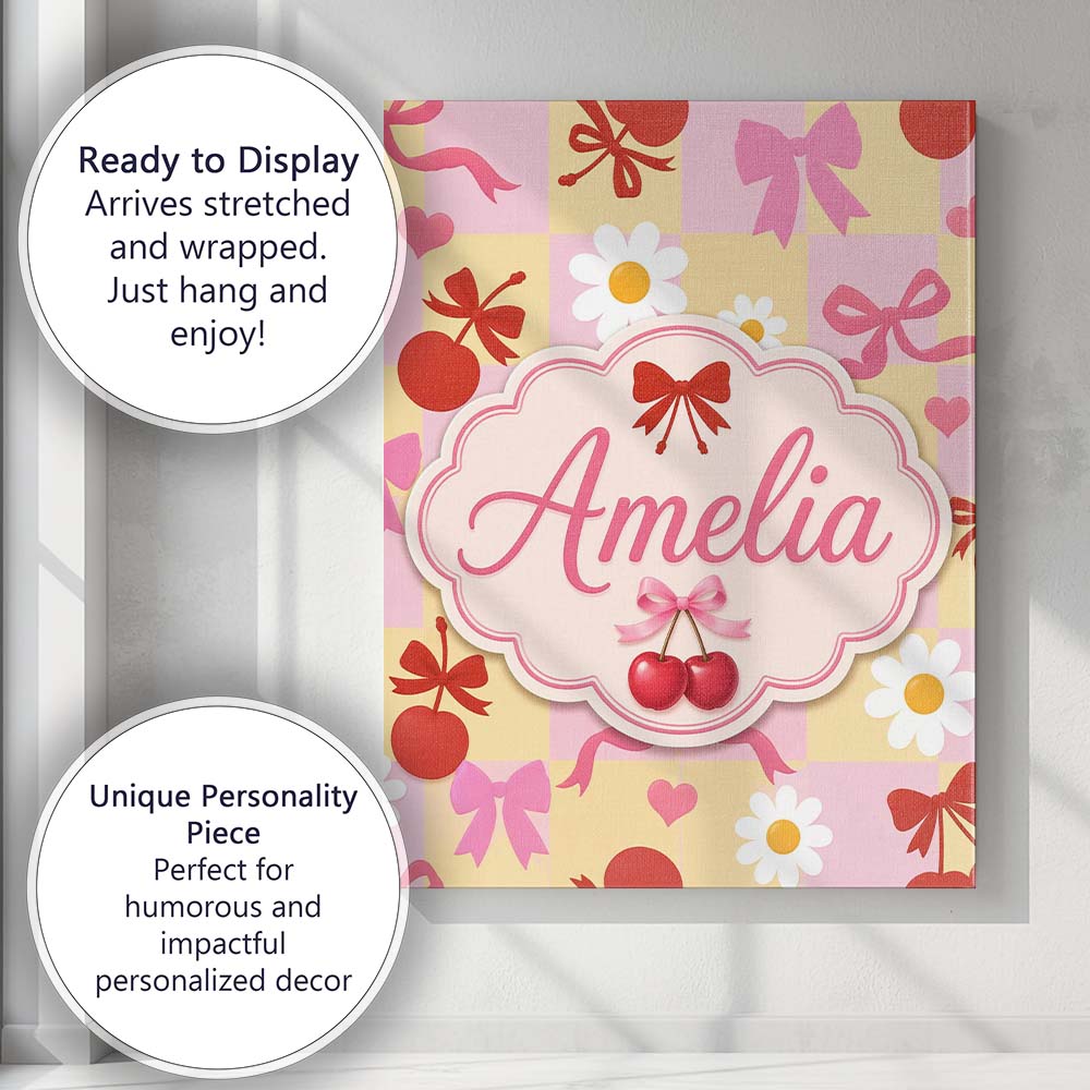 Personalised Name Cute Cherry Bow Daisy Heart on Pink and Yellow Custom Interior Canvas Wall Art Print Decor Picture Ready to Hang