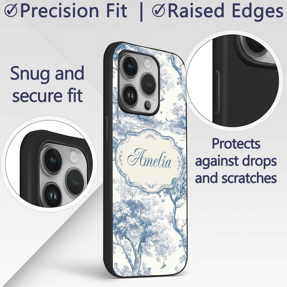 Vintage Toile Birds Nature Countryside Scene Blue Custom Name Protective Phone Case Mobile Cover Durable Everyday Smartphone Shock Resistant