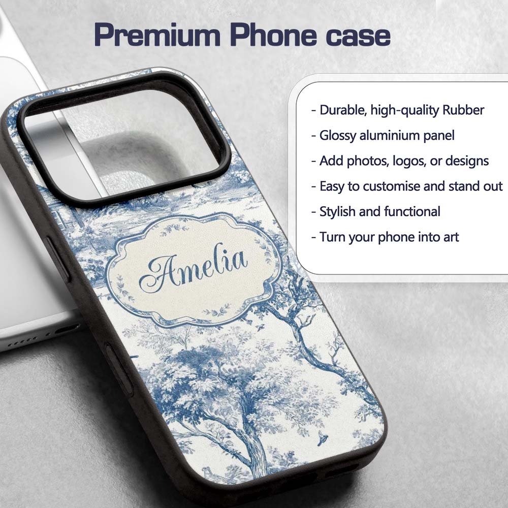 Vintage Toile Birds Nature Countryside Scene Blue Custom Name Protective Phone Case Mobile Cover Durable Everyday Smartphone Shock Resistant