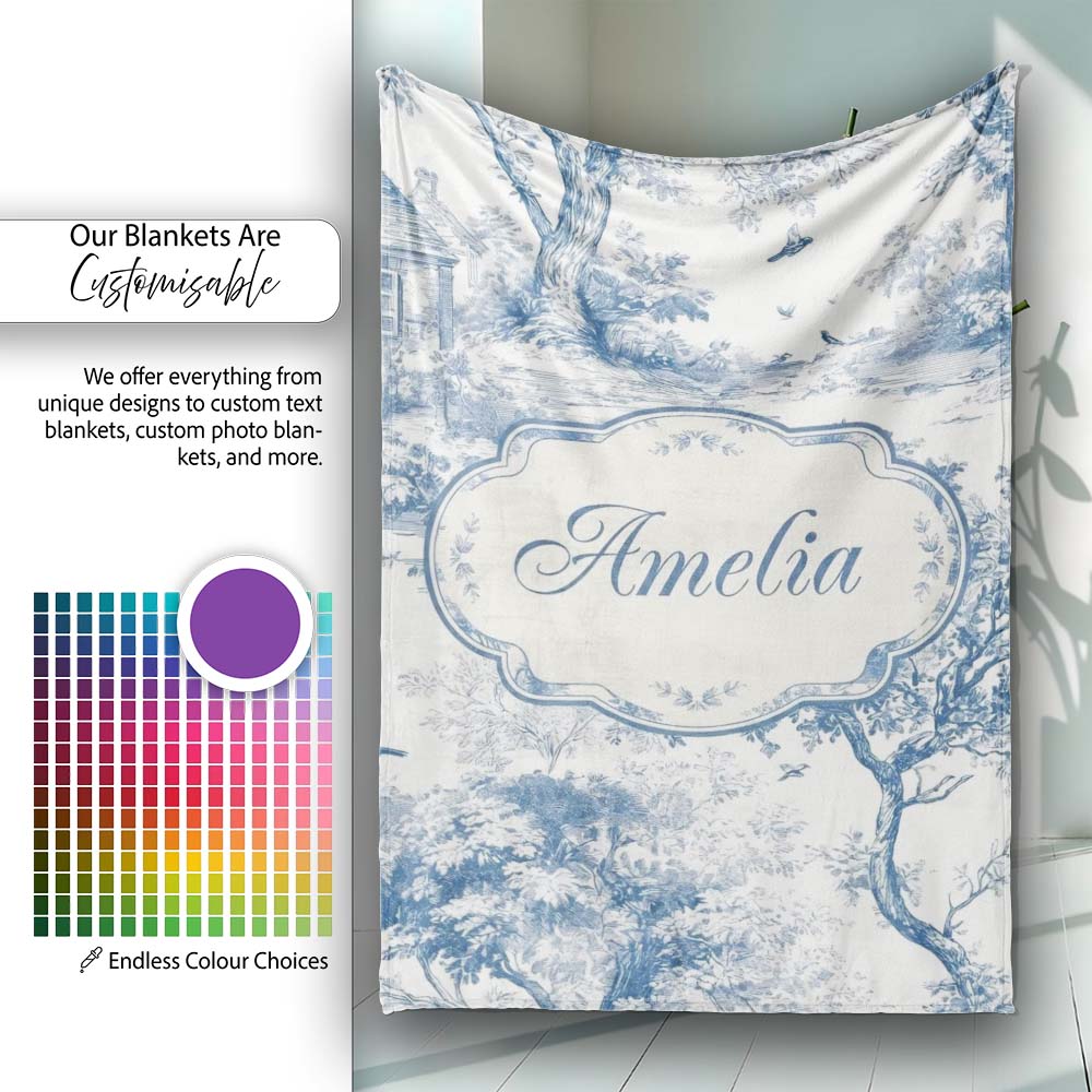Vintage Toile Birds Nature Countryside Scene Blue White Seamless Personalised Custom Name Super Soft Fleece Blanket Bed Sofa Throw