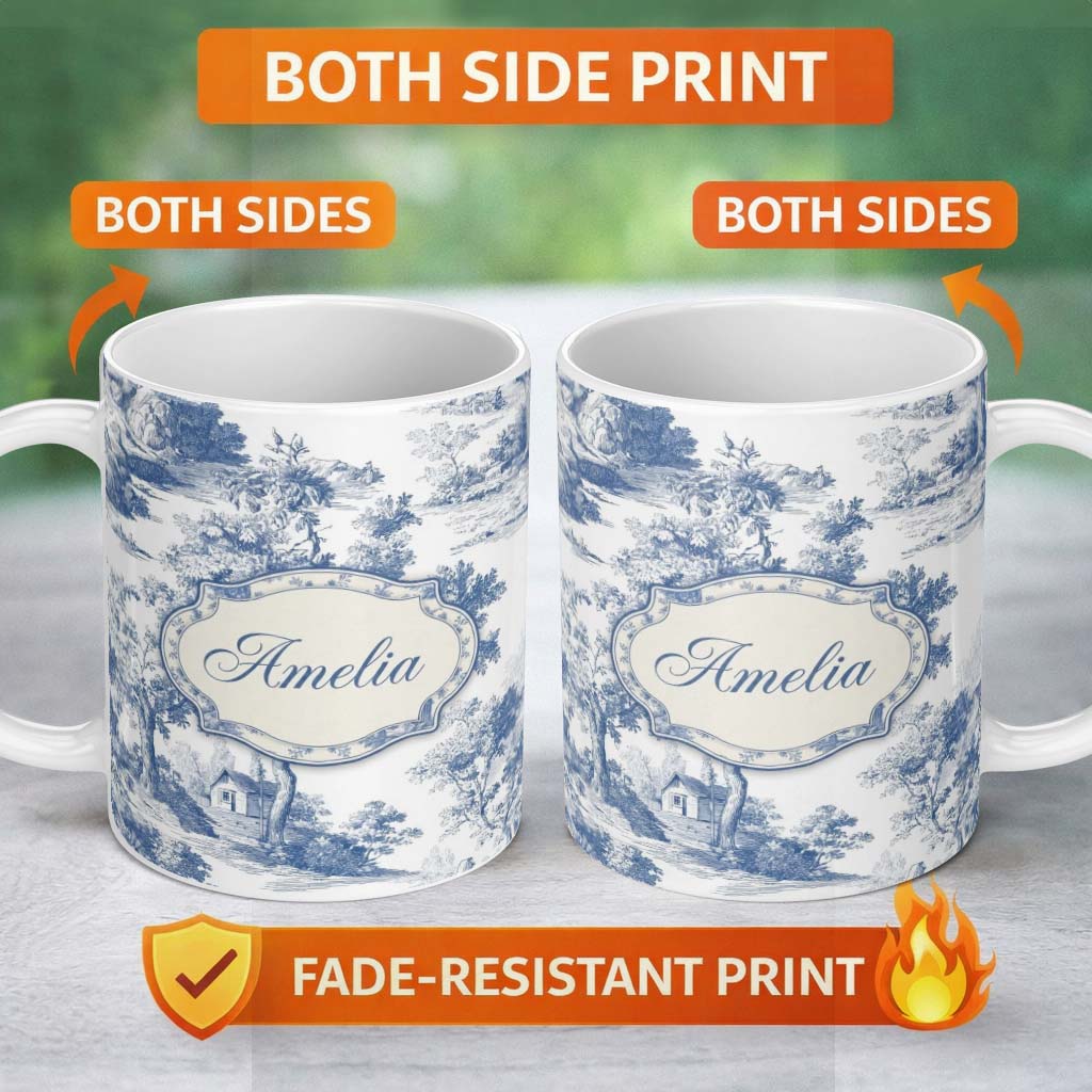 Personalized Custom Name Vintage Toile Tree Botanical Landscape Scene Blue White Seamless 11oz Ceramic Coffee Tea Mug White Large Handle