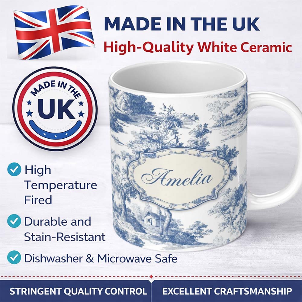 Personalized Custom Name Vintage Toile Tree Botanical Landscape Scene Blue White Seamless 11oz Ceramic Coffee Tea Mug White Large Handle
