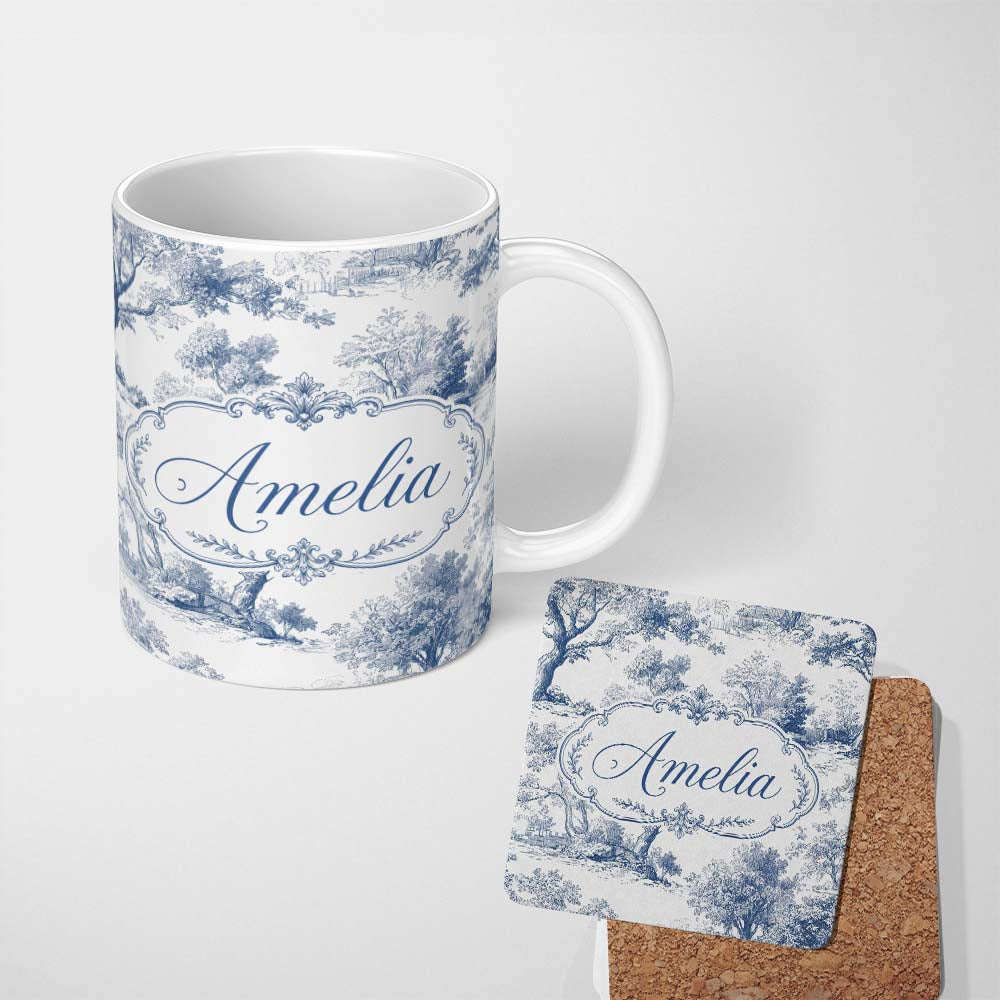 Personalized Custom Name Vintage Toile Pastoral Countryside Village Scene Blue White 11oz Ceramic Coffee Tea Mug White Large Handle
