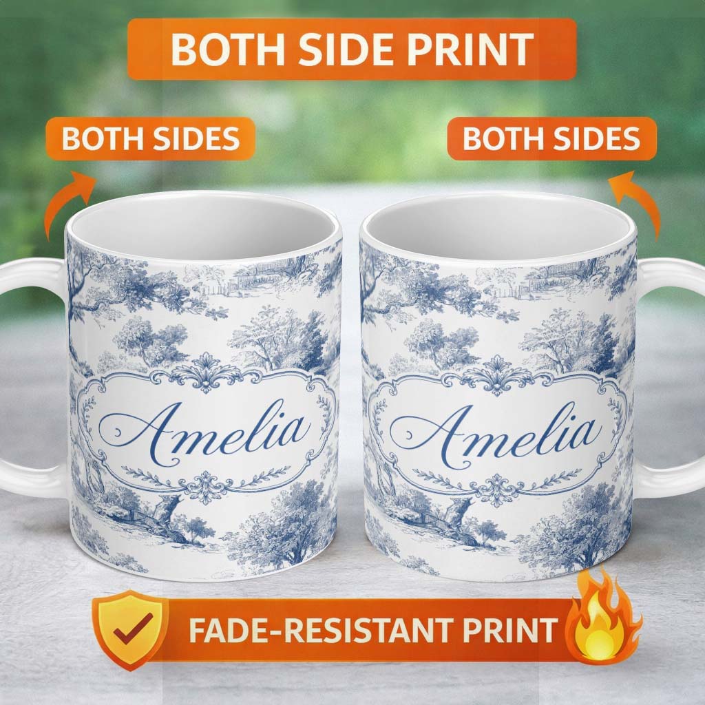 Personalized Custom Name Vintage Toile Pastoral Countryside Village Scene Blue White 11oz Ceramic Coffee Tea Mug White Large Handle