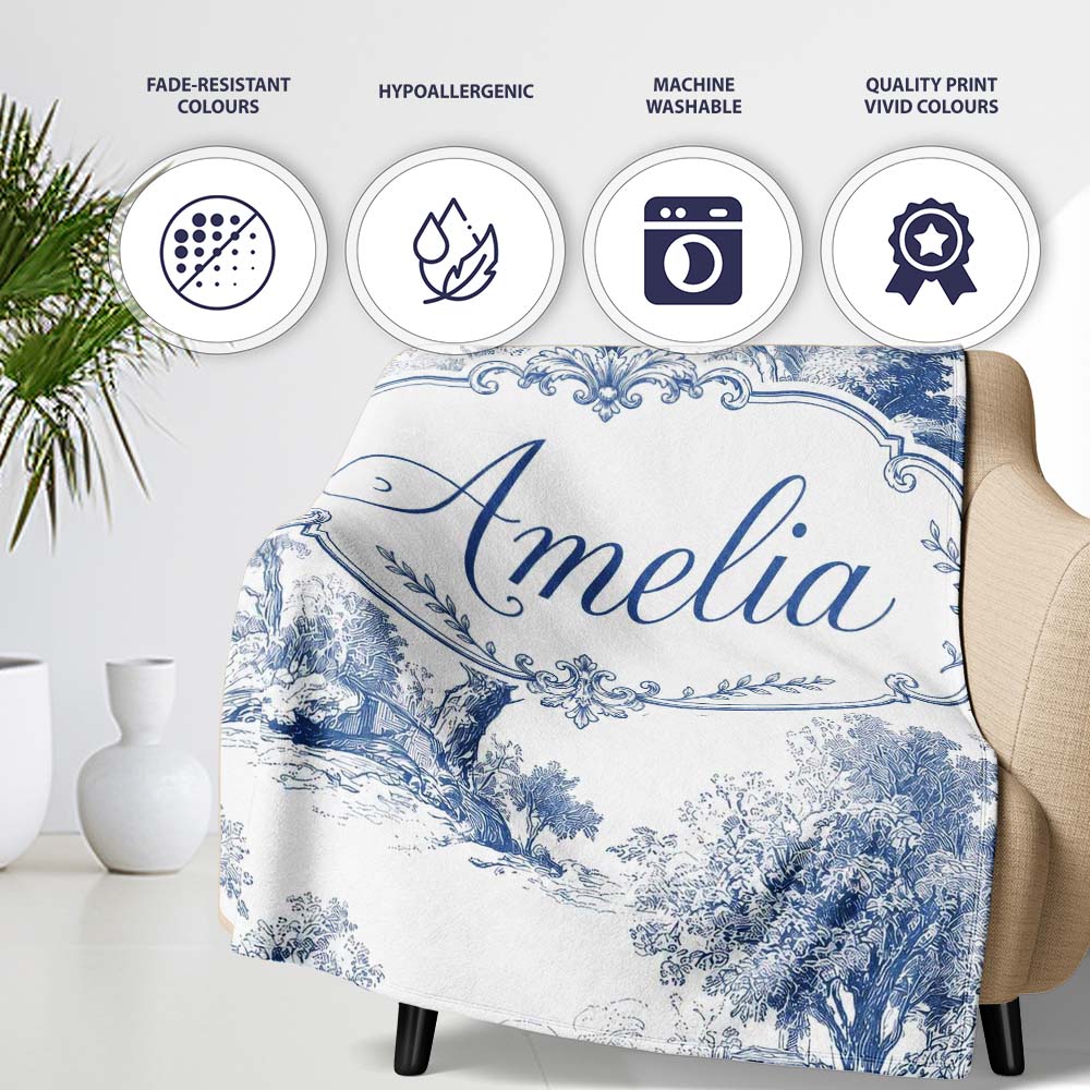 Vintage Toile Pastoral Countryside Village Scene Blue White Personalised Custom Name Super Soft Fleece Blanket Bed Sofa Throw