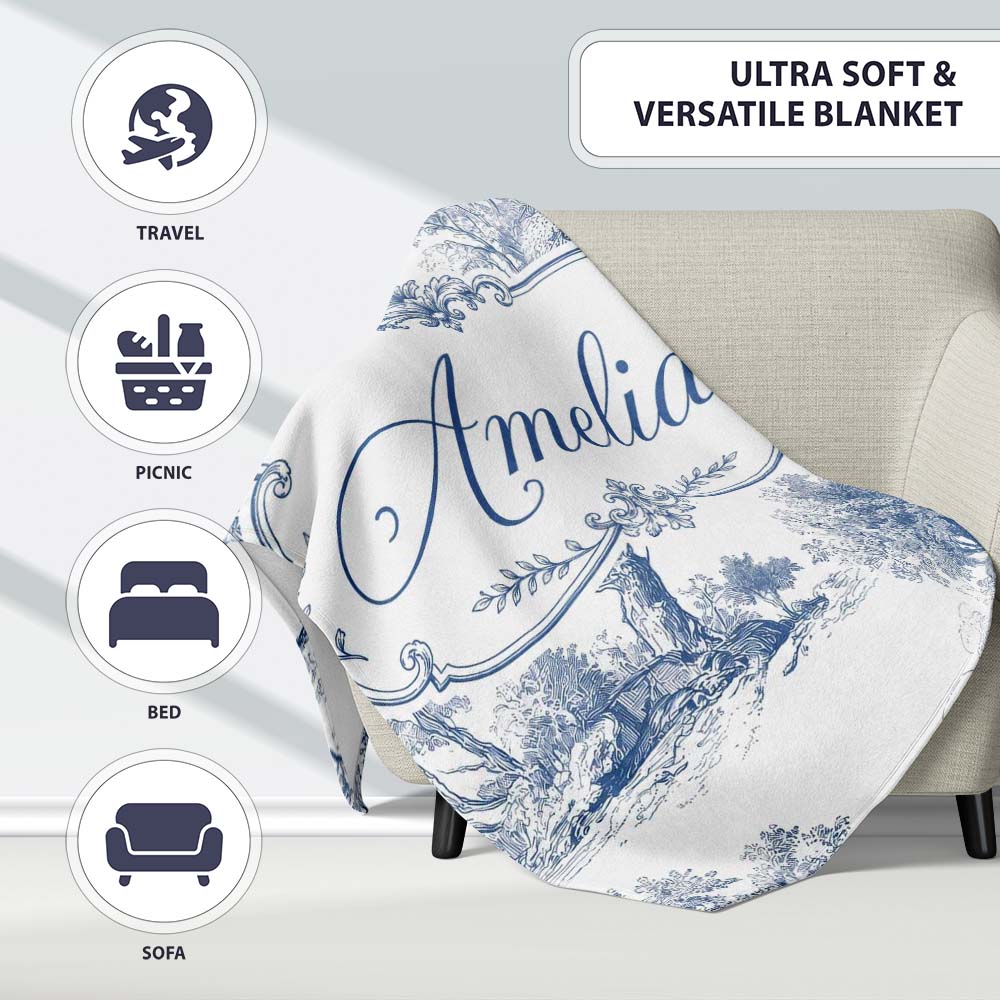Vintage Toile Pastoral Countryside Village Scene Blue White Personalised Custom Name Super Soft Fleece Blanket Bed Sofa Throw