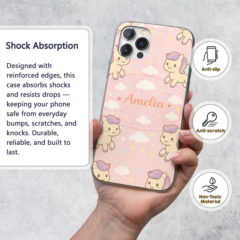 Cute Pegasus Unicorn Cartoon Decorative Design Custom Name Protective Phone Case Mobile Cover Durable Everyday Smartphone Shock Resistant