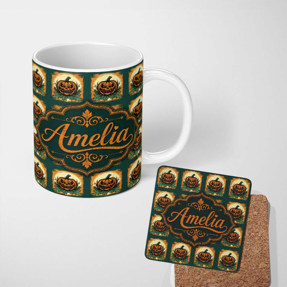 Personalized Custom Name Vintage Halloween Pumpkin Leaves Frame Dark Green Seamless Pattern 11oz Ceramic Coffee Tea Mug White Large Handle