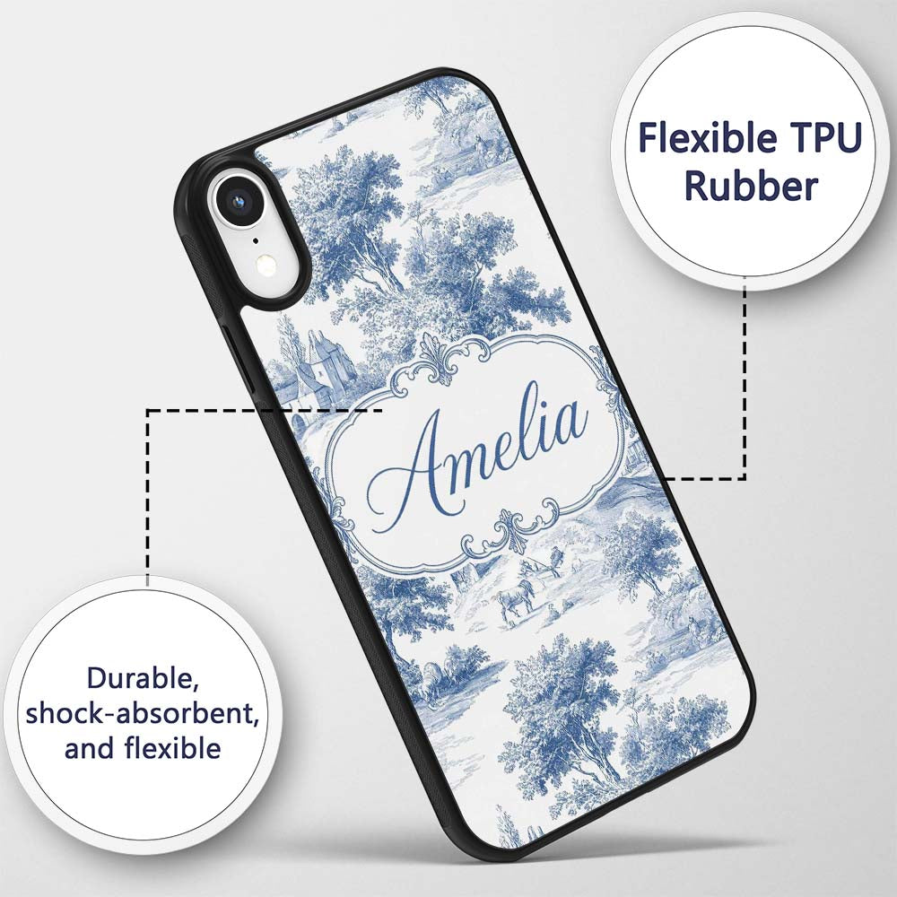 Vintage Toile Classic Rural Landscape Scene Blue Custom Name Protective Phone Case Mobile Cover Durable Everyday Smartphone Shock Resistant