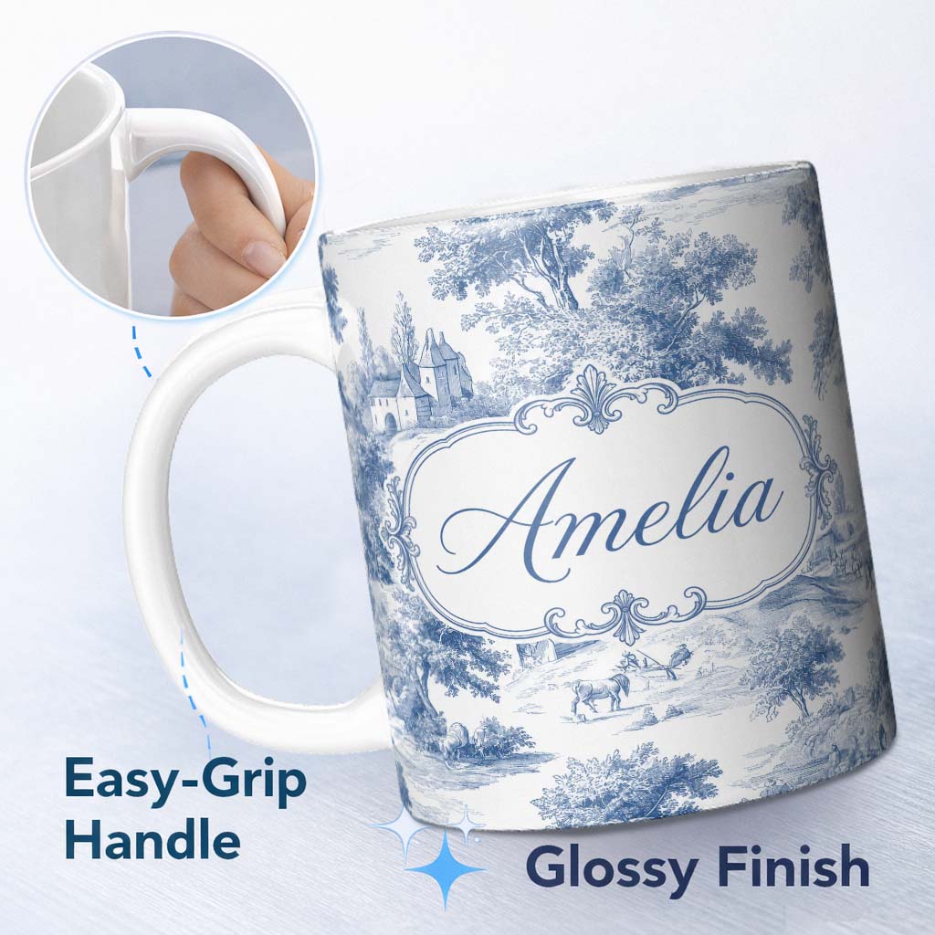 Personalized Custom Name Vintage Toile Classic Rural Landscape Scene Blue White Seamless 11oz Ceramic Coffee Tea Mug White Large Handle