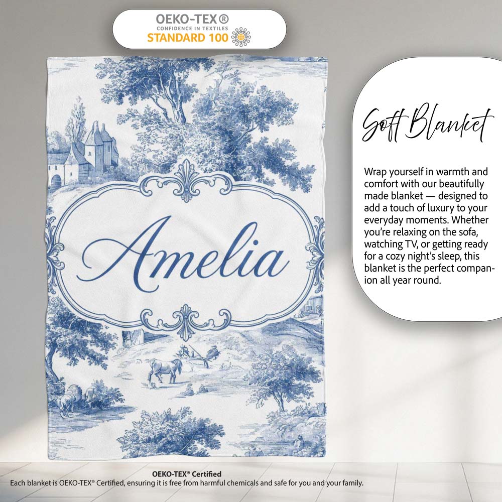 Vintage Toile Classic Rural Landscape Scene Blue White Seamless Personalised Custom Name Super Soft Fleece Blanket Bed Sofa Throw