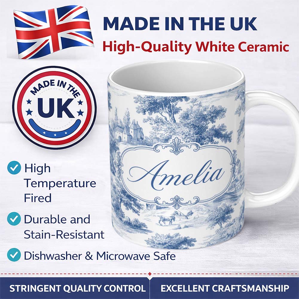 Personalized Custom Name Vintage Toile Classic Rural Landscape Scene Blue White Seamless 11oz Ceramic Coffee Tea Mug White Large Handle