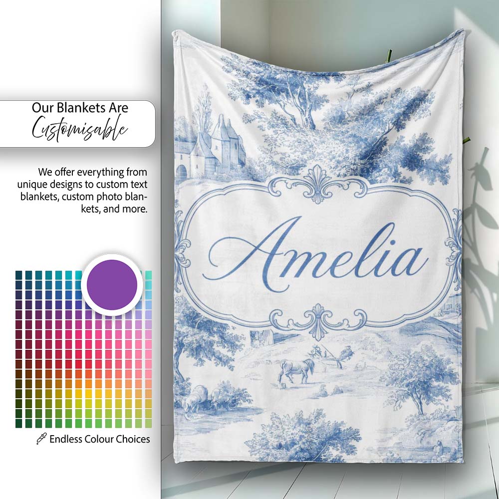 Vintage Toile Classic Rural Landscape Scene Blue White Seamless Personalised Custom Name Super Soft Fleece Blanket Bed Sofa Throw