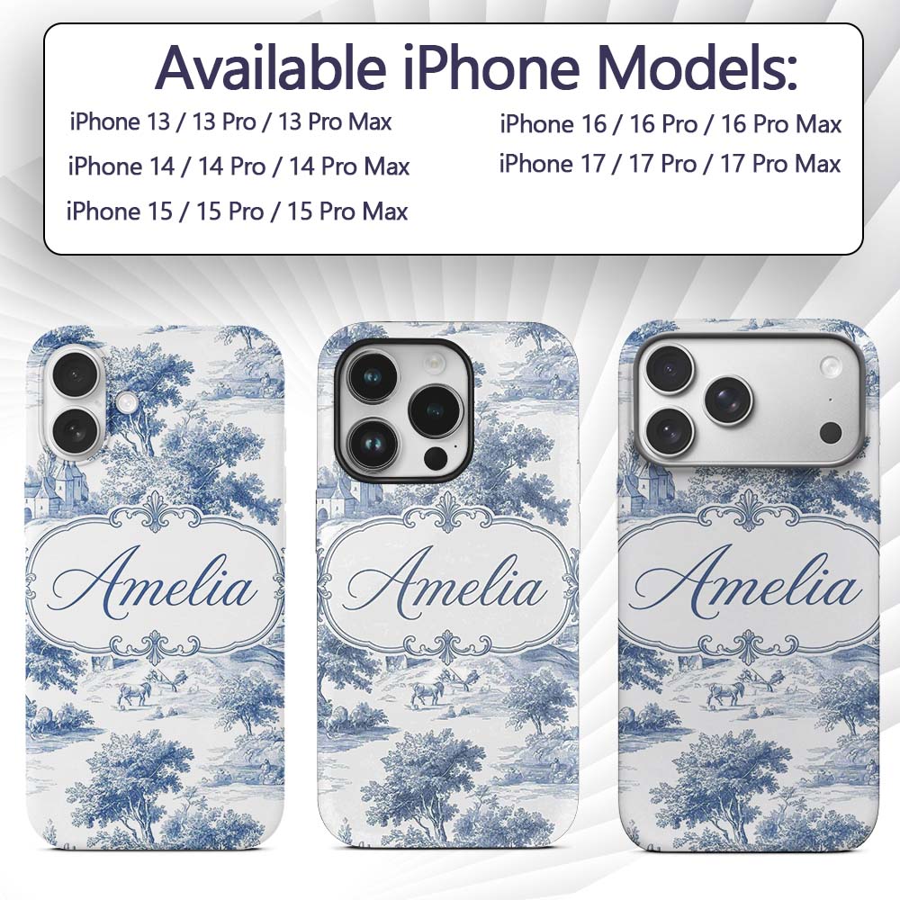 Vintage Toile Classic Rural Landscape Scene Blue Custom Name Protective Phone Case Mobile Cover Durable Everyday Smartphone Shock Resistant