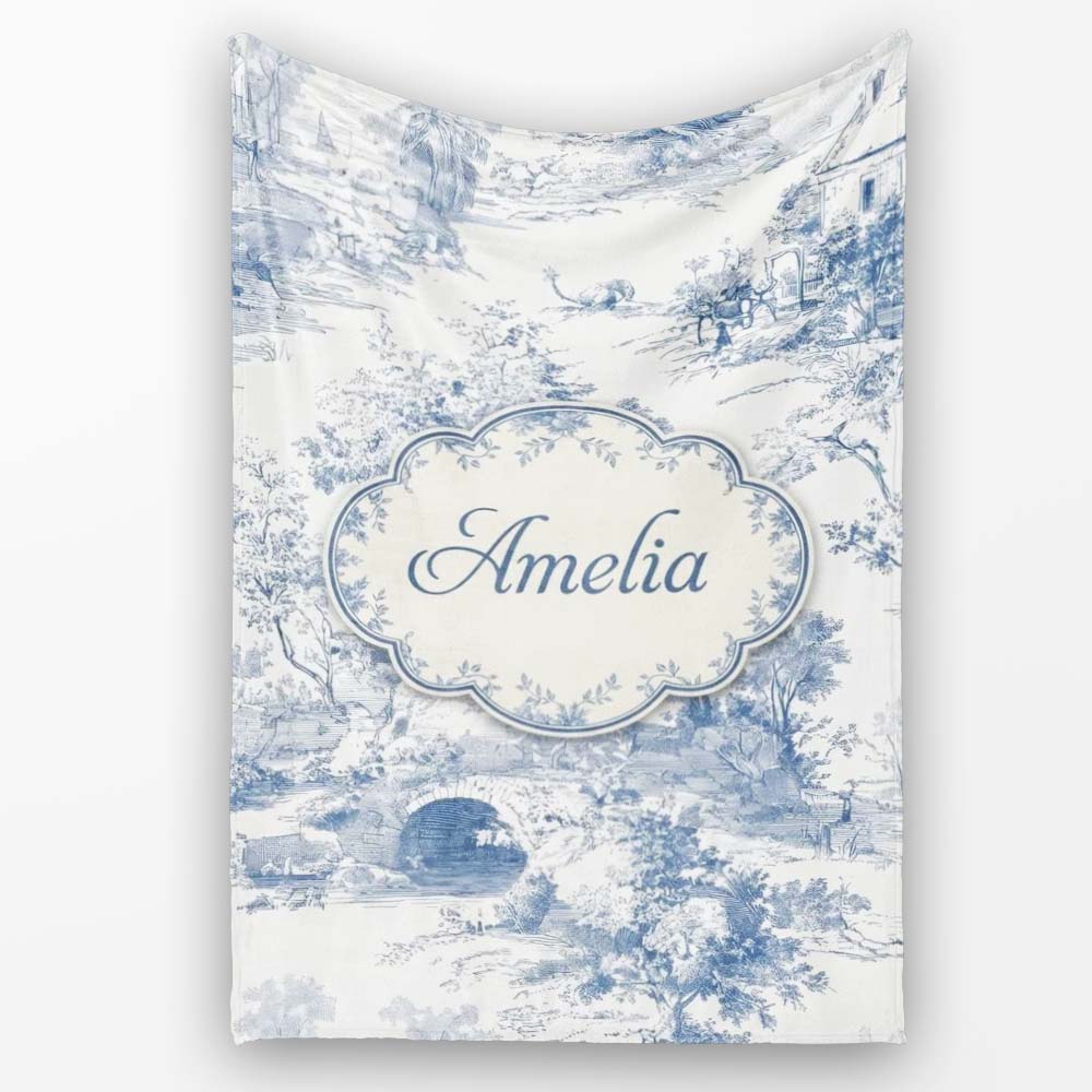 Vintage Toile Countryside Bridge River Scene Blue White Seamless Personalised Custom Name Super Soft Fleece Blanket Bed Sofa Throw