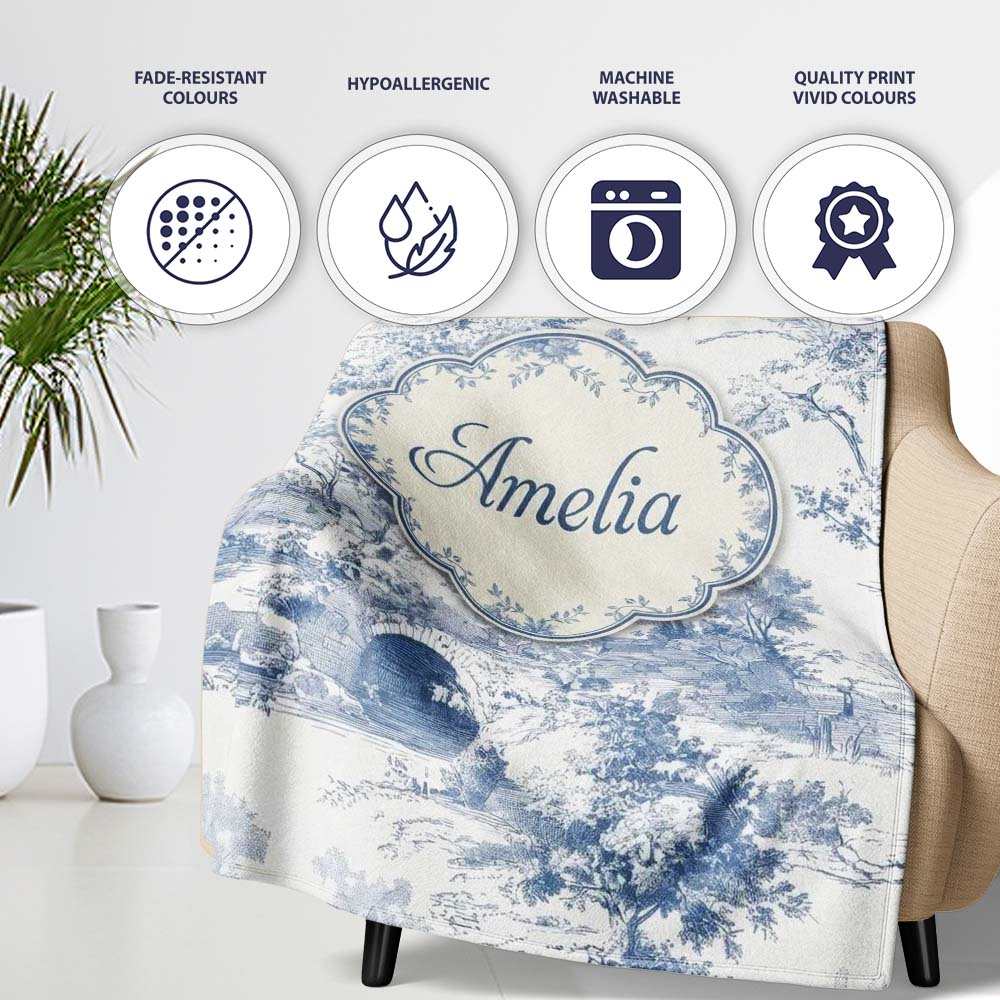 Vintage Toile Countryside Bridge River Scene Blue White Seamless Personalised Custom Name Super Soft Fleece Blanket Bed Sofa Throw