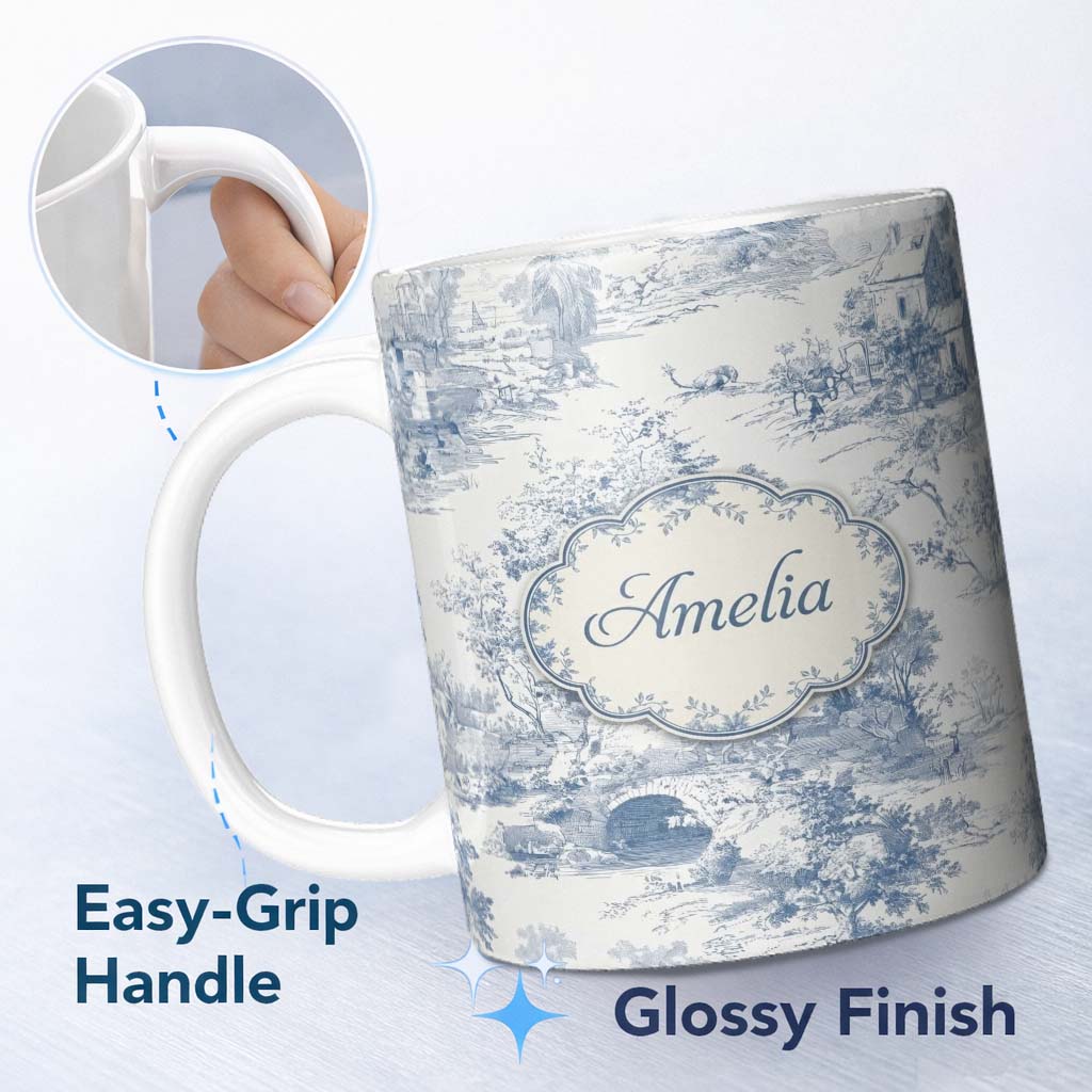 Personalized Custom Name Vintage Toile Countryside Bridge River Scene Blue White Seamless 11oz Ceramic Coffee Tea Mug White Large Handle