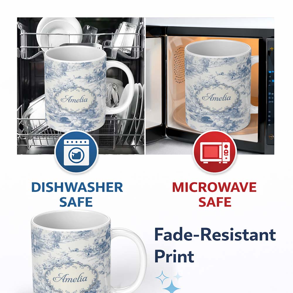 Personalized Custom Name Vintage Toile Countryside Bridge River Scene Blue White Seamless 11oz Ceramic Coffee Tea Mug White Large Handle