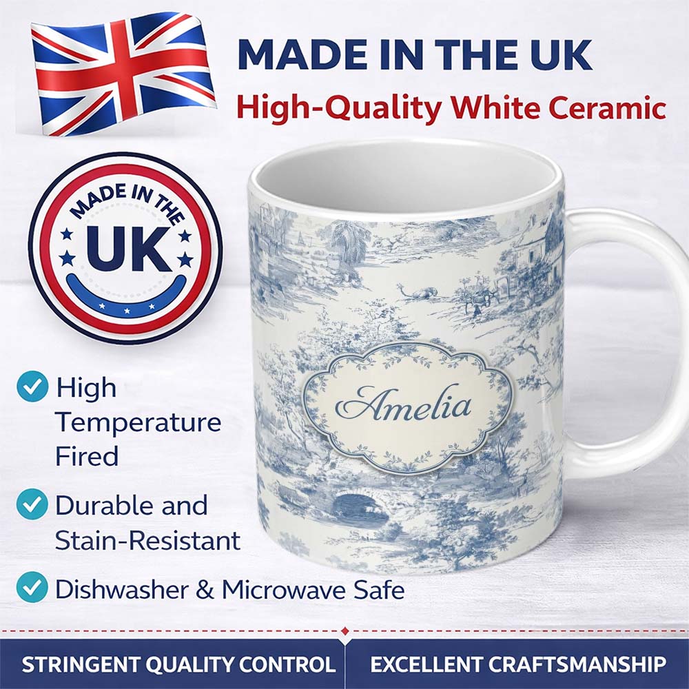 Personalized Custom Name Vintage Toile Countryside Bridge River Scene Blue White Seamless 11oz Ceramic Coffee Tea Mug White Large Handle