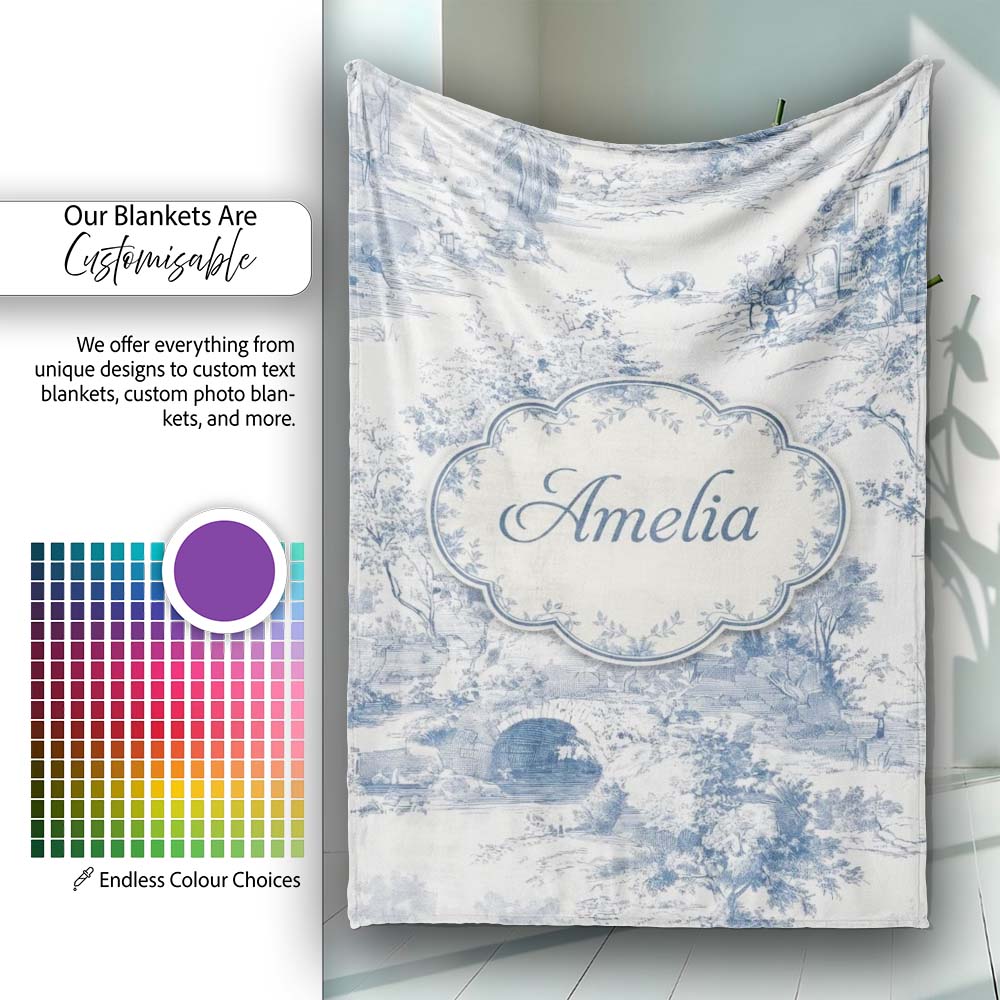Vintage Toile Countryside Bridge River Scene Blue White Seamless Personalised Custom Name Super Soft Fleece Blanket Bed Sofa Throw