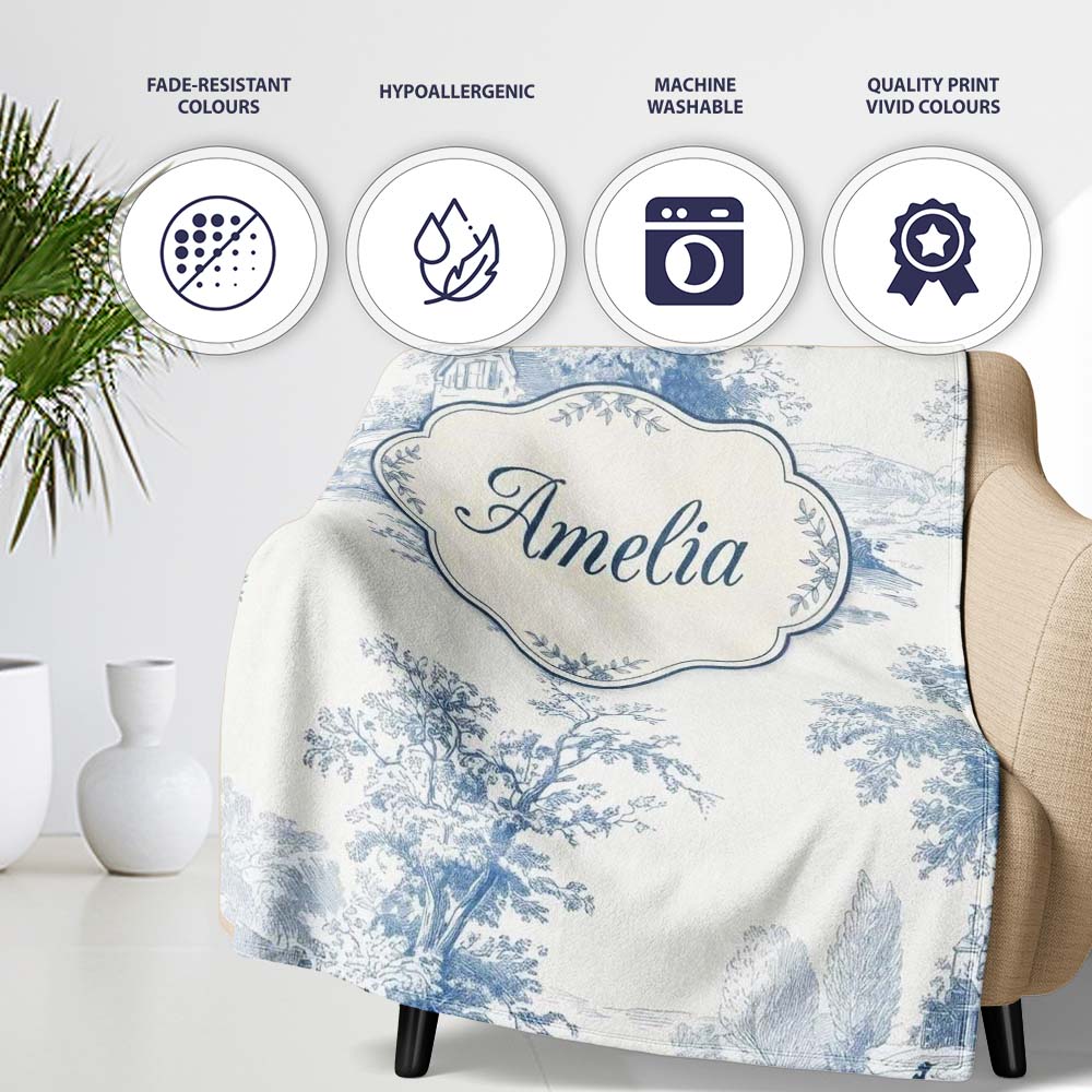 Vintage Toile Cottage River Landscape Scene Blue White Seamless Personalised Custom Name Super Soft Fleece Blanket Bed Sofa Throw
