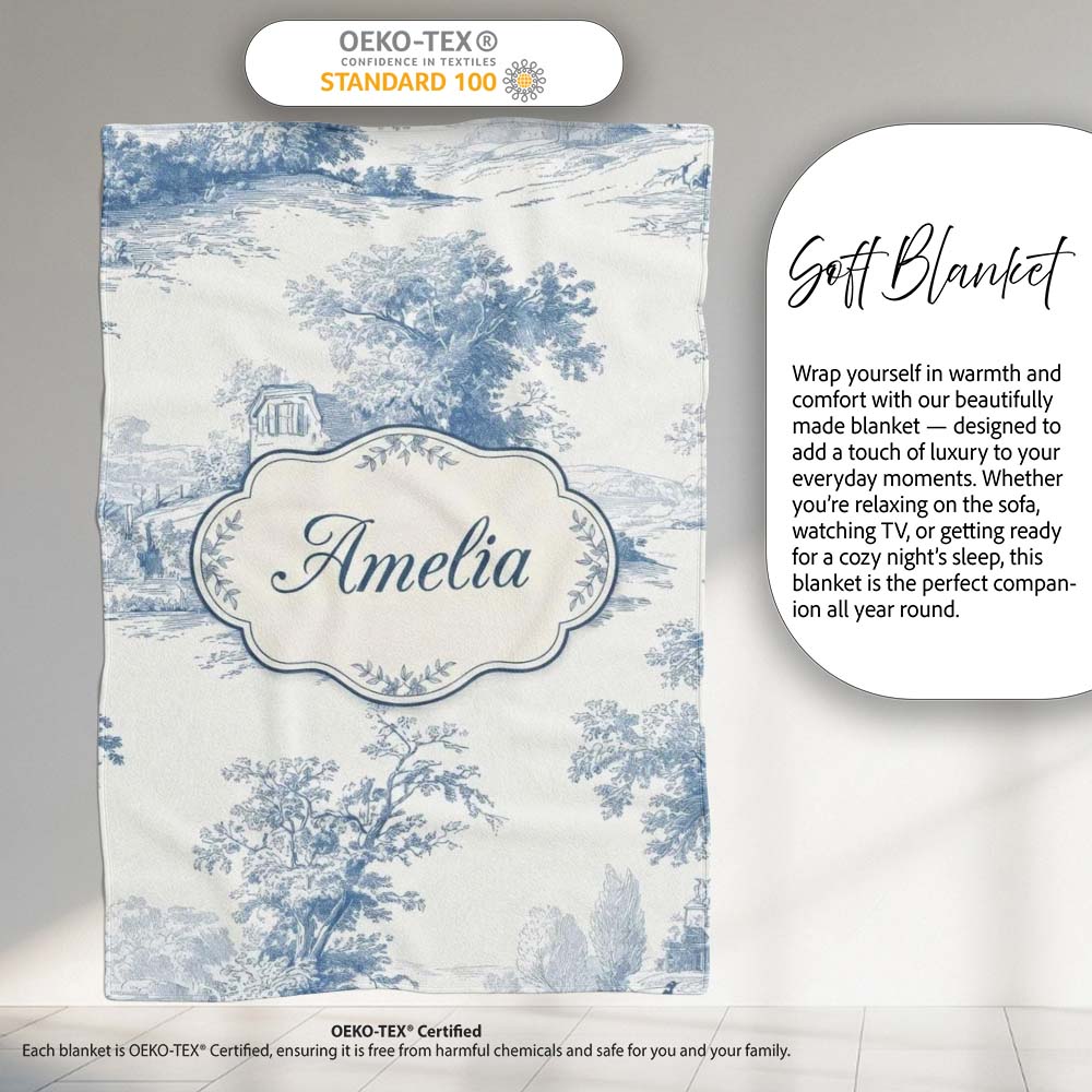 Vintage Toile Cottage River Landscape Scene Blue White Seamless Personalised Custom Name Super Soft Fleece Blanket Bed Sofa Throw