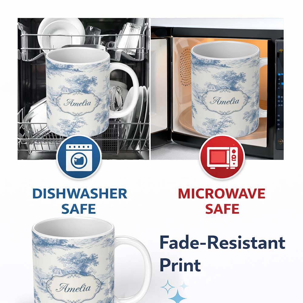 Personalized Custom Name Vintage Toile Cottage River Landscape Scene Blue White Seamless 11oz Ceramic Coffee Tea Mug White Large Handle