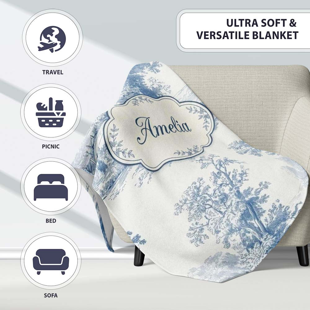 Vintage Toile Cottage River Landscape Scene Blue White Seamless Personalised Custom Name Super Soft Fleece Blanket Bed Sofa Throw