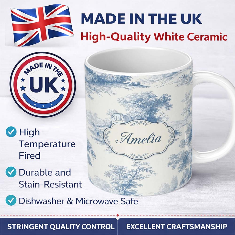 Personalized Custom Name Vintage Toile Cottage River Landscape Scene Blue White Seamless 11oz Ceramic Coffee Tea Mug White Large Handle