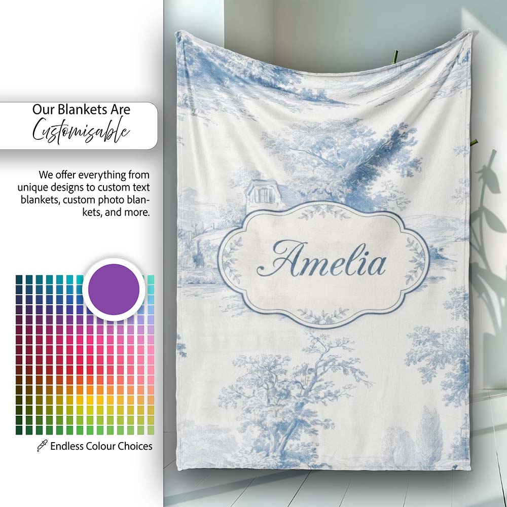 Vintage Toile Cottage River Landscape Scene Blue White Seamless Personalised Custom Name Super Soft Fleece Blanket Bed Sofa Throw