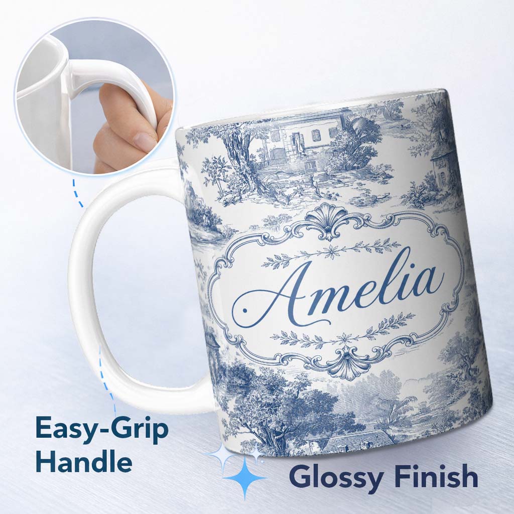 Personalized Custom Name Vintage Toile Classic Village Scenic Landscape Blue White Seamless 11oz Ceramic Coffee Tea Mug White Large Handle