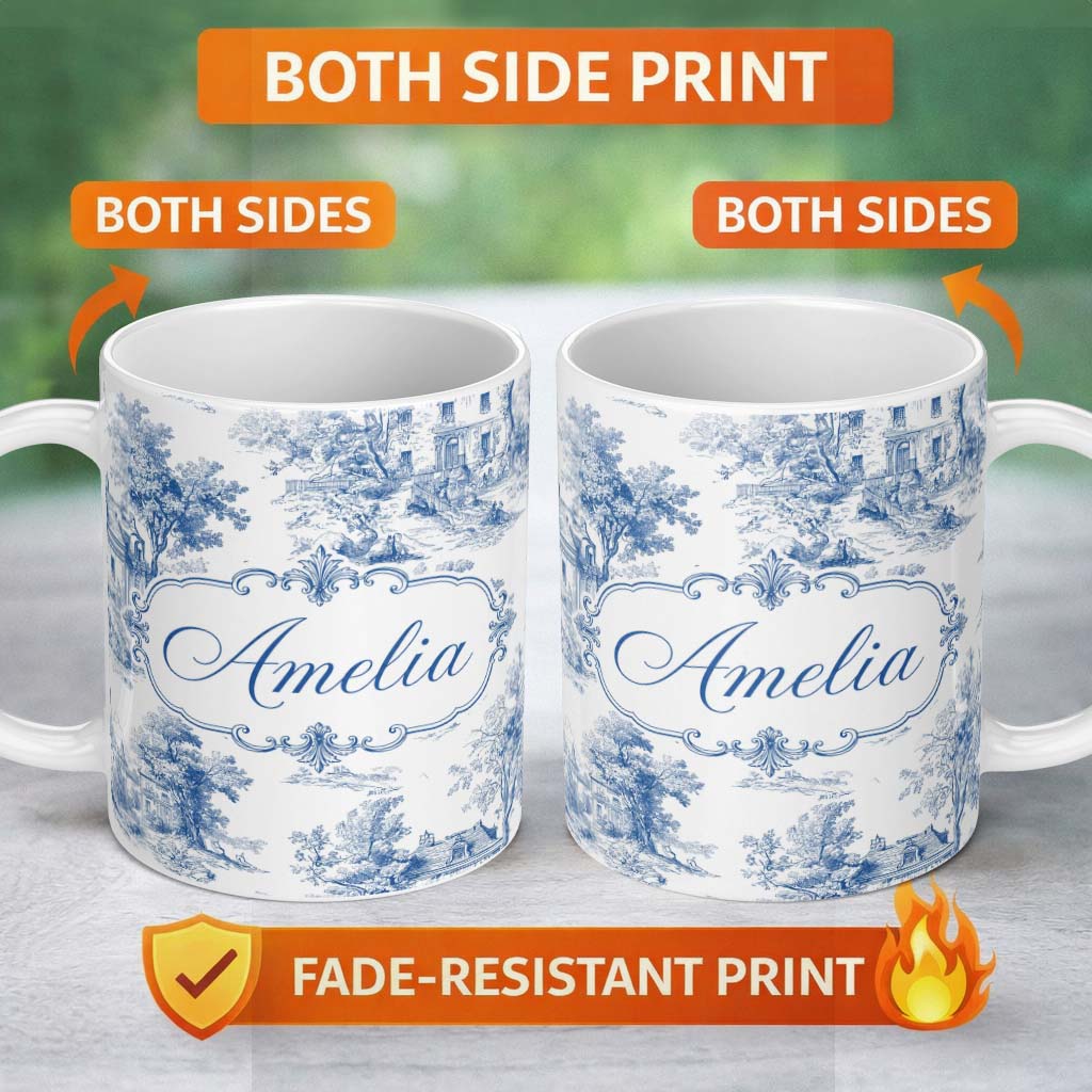 Personalized Custom Name Vintage Toile Elegant Garden Bridge Scene Blue White Seamless 11oz Ceramic Coffee Tea Mug White Large Handle