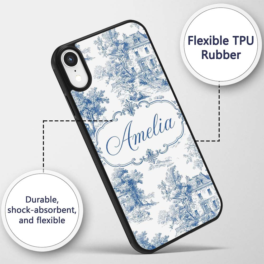 Vintage Toile Elegant Garden Bridge Scene Blue Custom Name Protective Phone Case Mobile Cover Durable Everyday Smartphone Shock Resistant