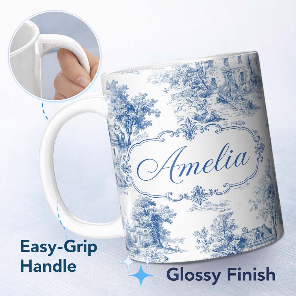 Personalized Custom Name Vintage Toile Elegant Garden Bridge Scene Blue White Seamless 11oz Ceramic Coffee Tea Mug White Large Handle