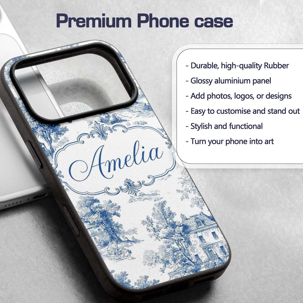 Vintage Toile Elegant Garden Bridge Scene Blue Custom Name Protective Phone Case Mobile Cover Durable Everyday Smartphone Shock Resistant