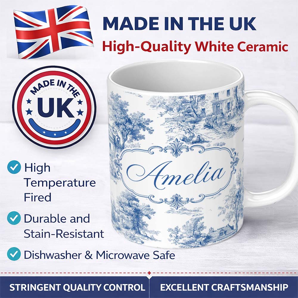 Personalized Custom Name Vintage Toile Elegant Garden Bridge Scene Blue White Seamless 11oz Ceramic Coffee Tea Mug White Large Handle