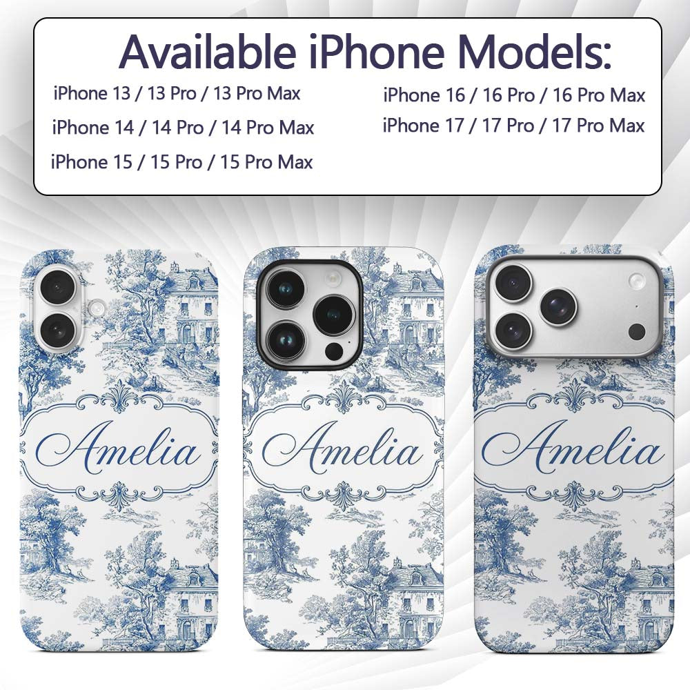 Vintage Toile Elegant Garden Bridge Scene Blue Custom Name Protective Phone Case Mobile Cover Durable Everyday Smartphone Shock Resistant