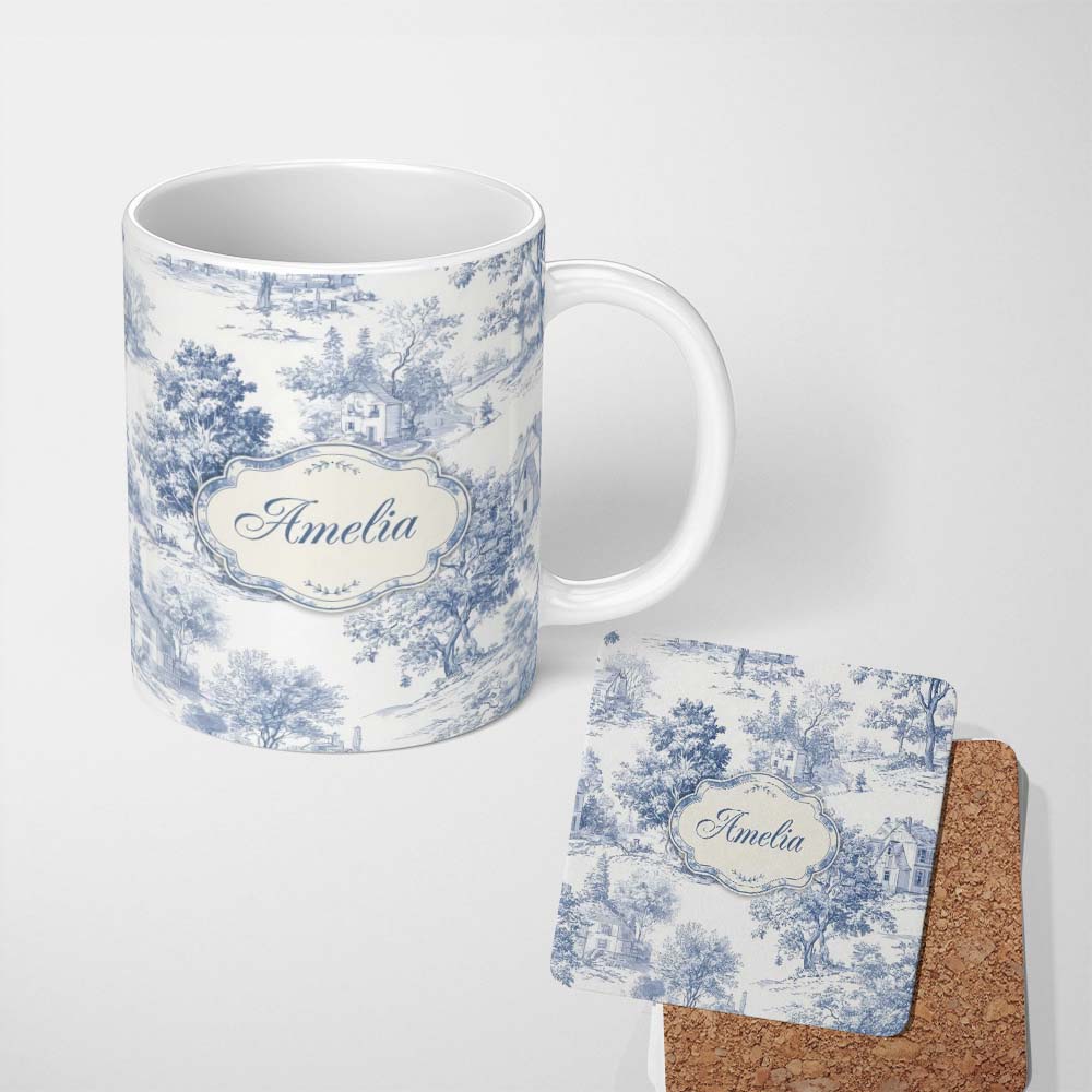Personalized Custom Name Vintage Toile Rustic Countryside Cottage Scene Blue White Seamless 11oz Ceramic Coffee Tea Mug White Large Handle