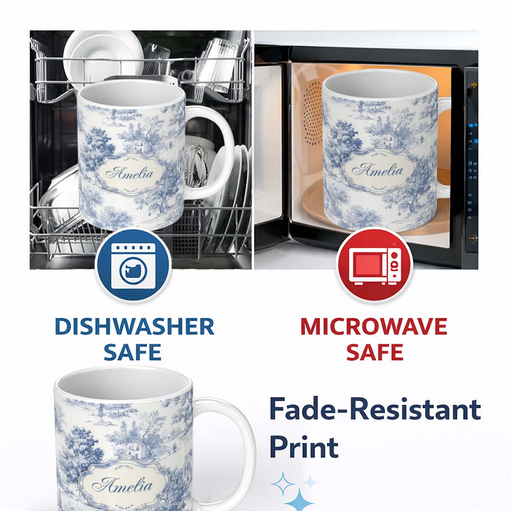 Personalized Custom Name Vintage Toile Rustic Countryside Cottage Scene Blue White Seamless 11oz Ceramic Coffee Tea Mug White Large Handle